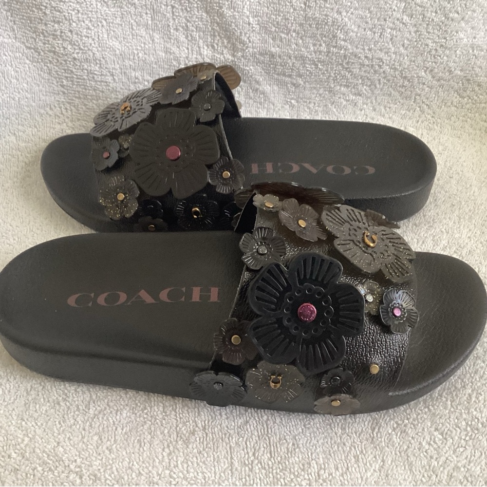 Coach Sophi Black Tea Rose Floral Rubber Slide Sandals Shoes 6 NWD